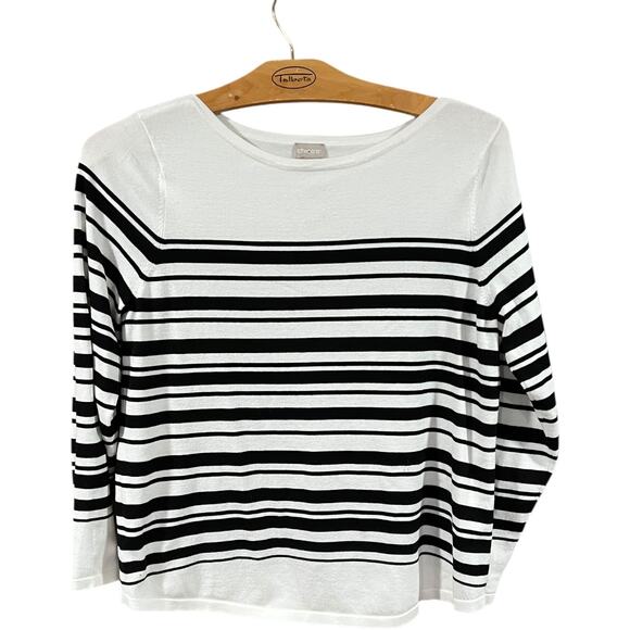 Chicos Size 2 White Black Striped Long Sleeve Top Relaxed Fit - Picture 6 of 7